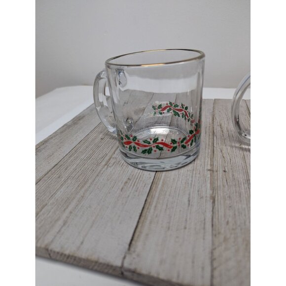 Vintage Libbey Christmas Glass Mug Holly, Gold Trim Set of 2 Holiday - Picture 2 of 8